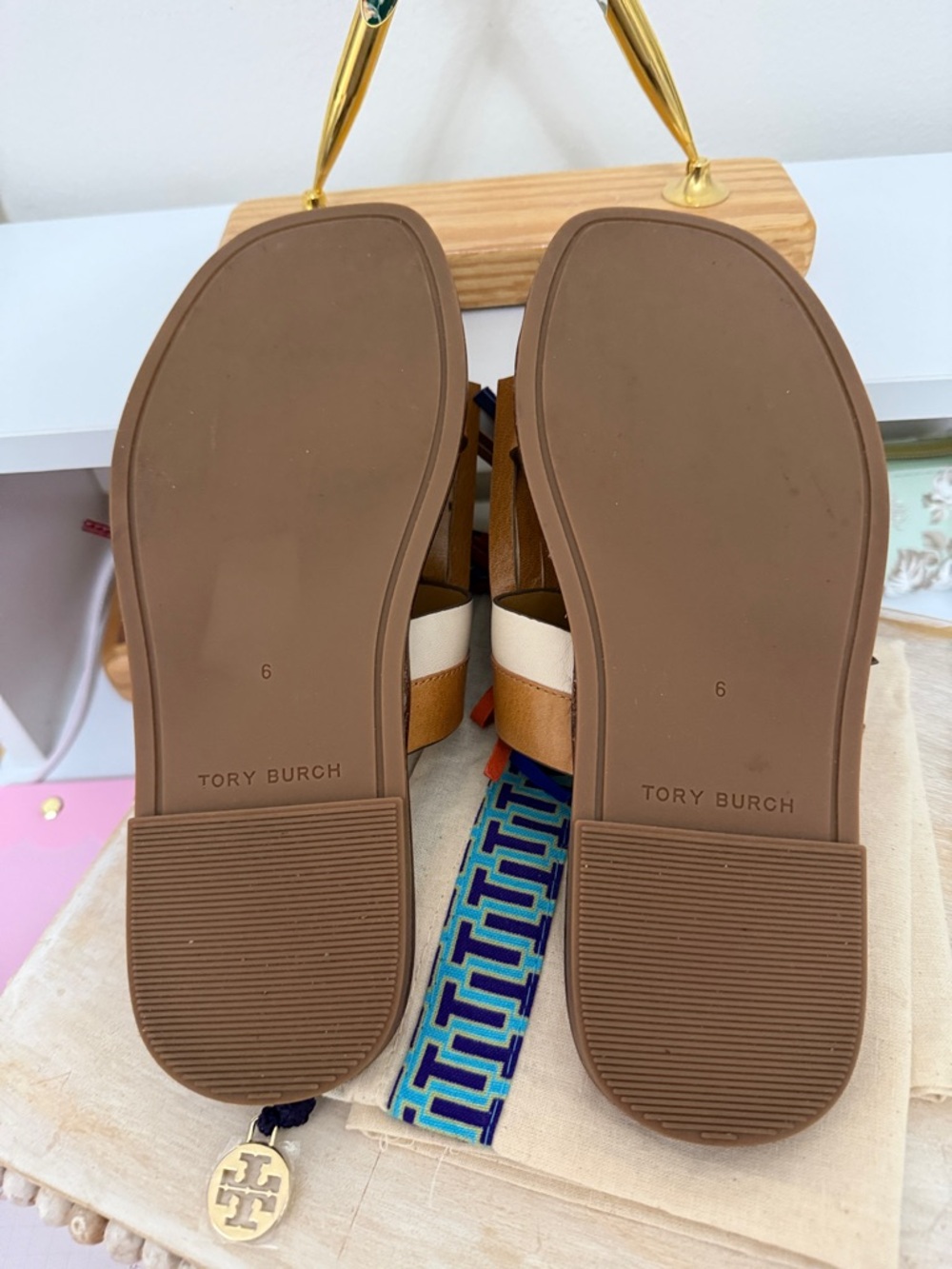 Tory Burch Tan Leather Tassel Slide Sandals with Multicolor Fringe - Picture 5 of 11